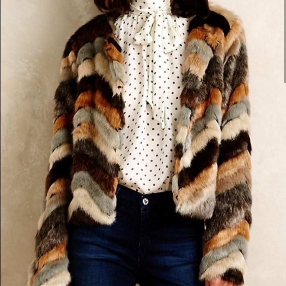 Anthropologie ~ Elevenses Chevron Faux Fur Coat